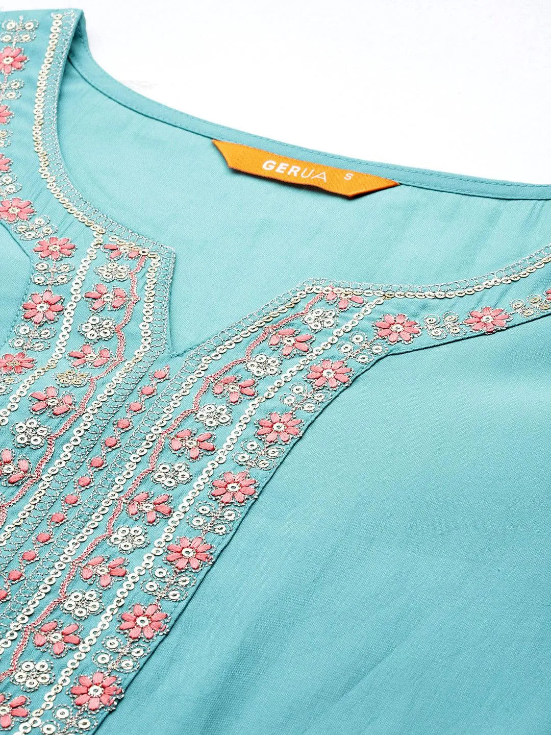 Gerua Blue Yoke Design Silk Blend Straight Suit With Dupatta