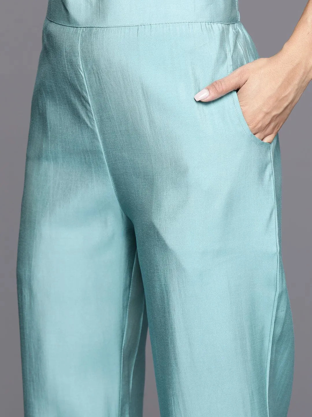 Gerua Blue Yoke Design Silk Blend Straight Suit With Dupatta