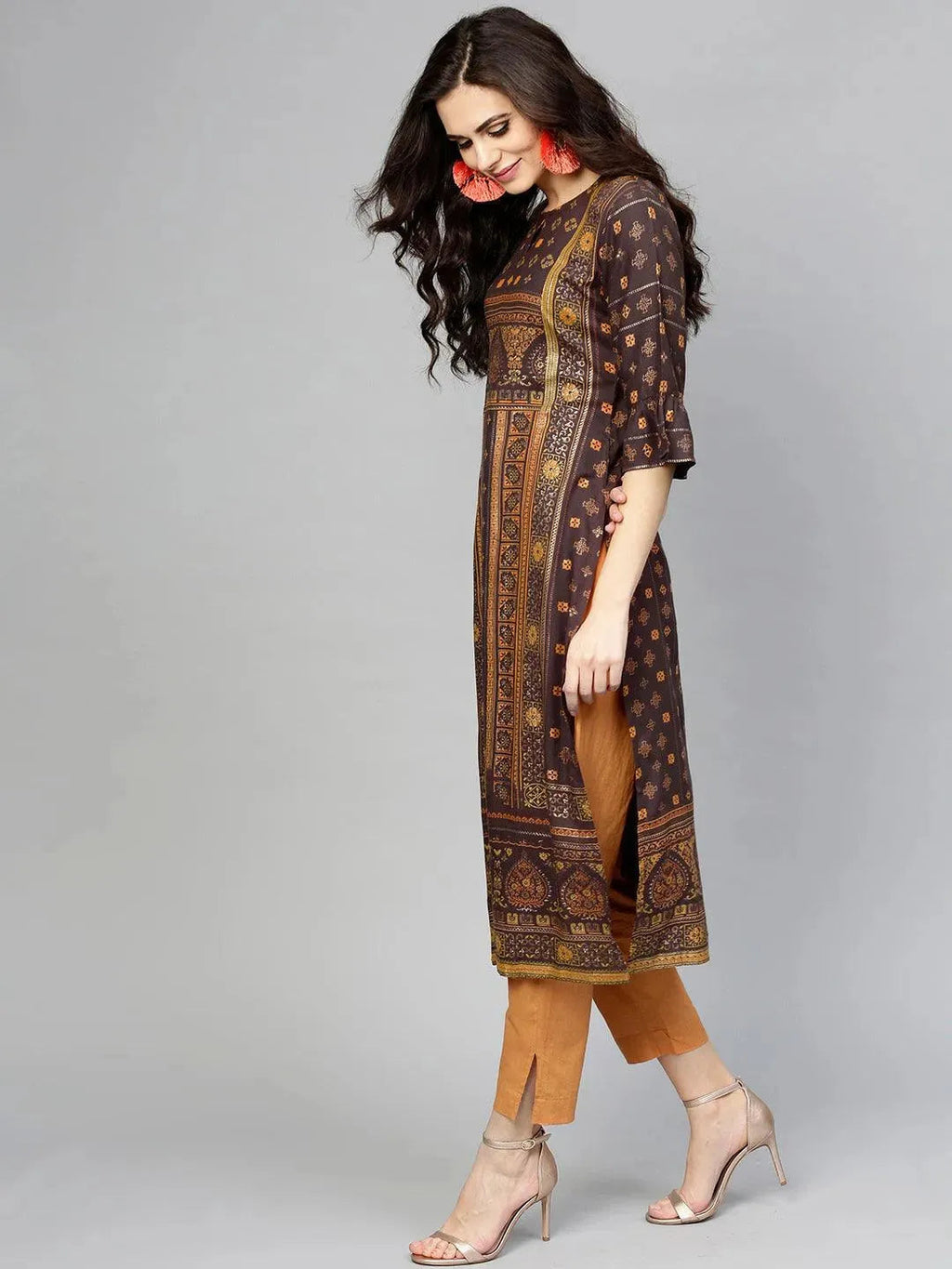 Libas Brown Printed Rayon Kurta