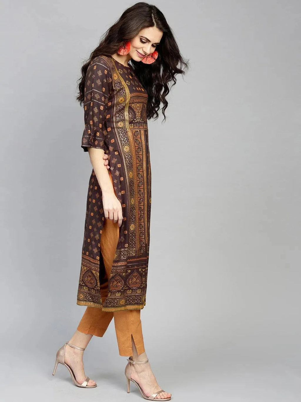 Libas Brown Printed Rayon Kurta