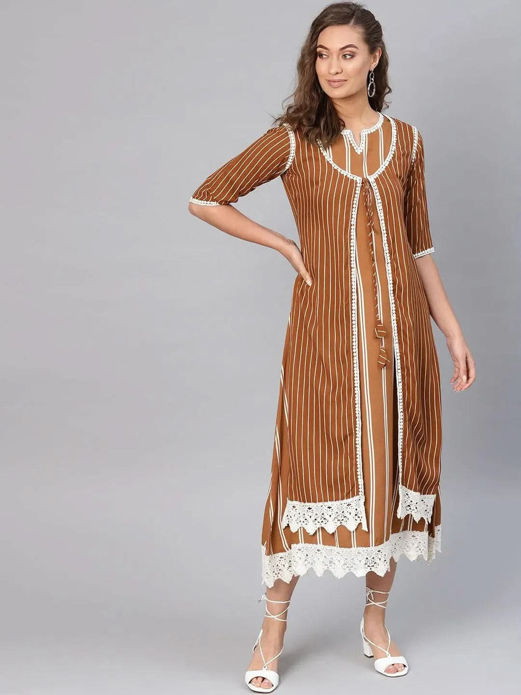 Libas Brown Striped Rayon Dress With Jacket