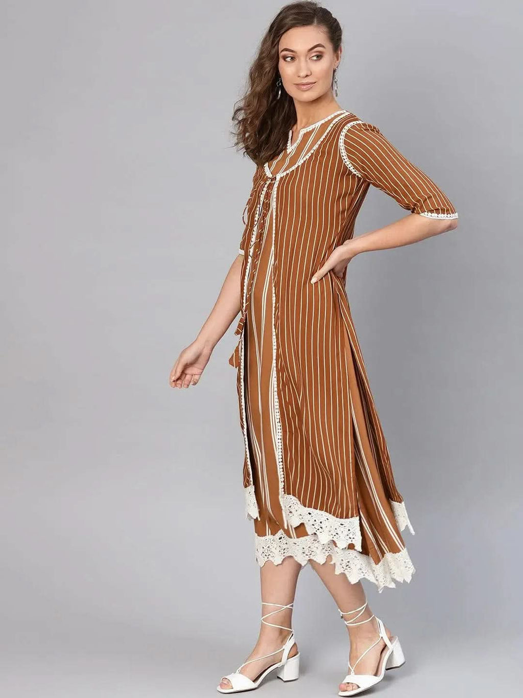 Libas Brown Striped Rayon Dress With Jacket