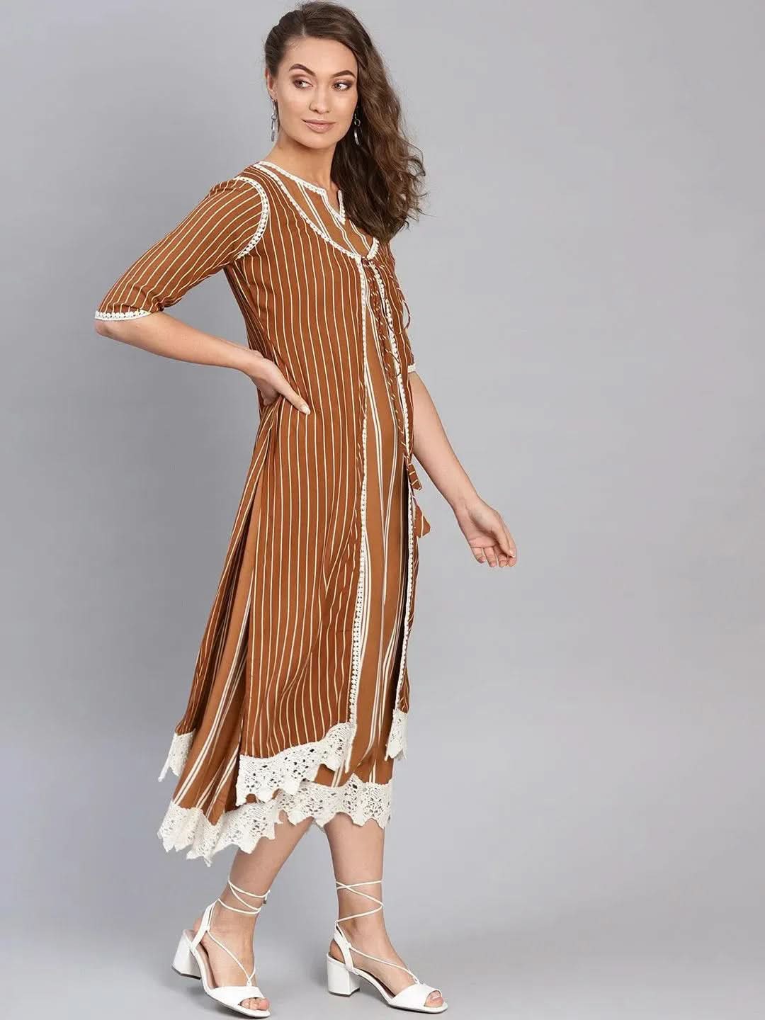 Libas Brown Striped Rayon Dress With Jacket