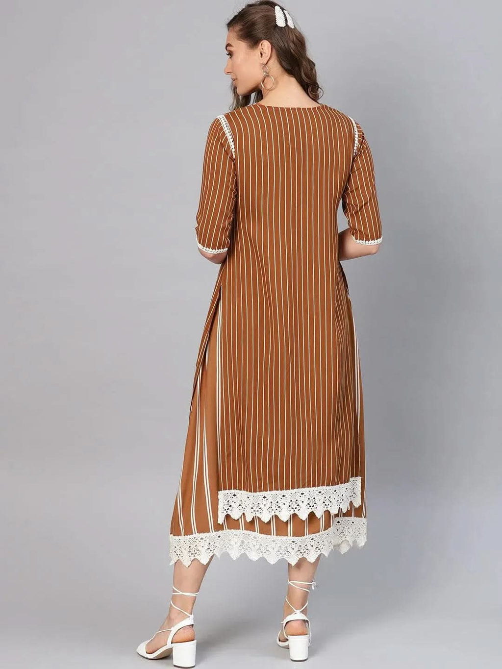 Libas Brown Striped Rayon Dress With Jacket