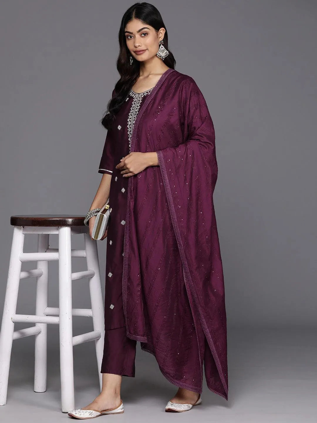 Gerua Burgundy Embroidered Silk Blend Straight Suit With Dupatta