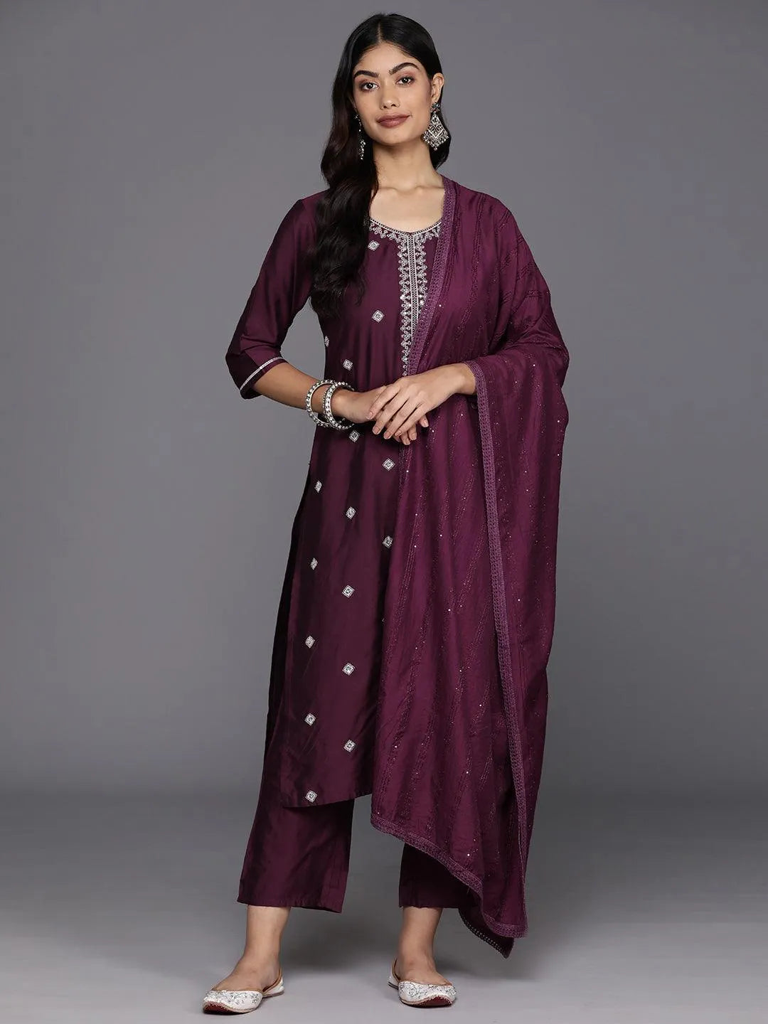 Gerua Burgundy Embroidered Silk Blend Straight Suit With Dupatta