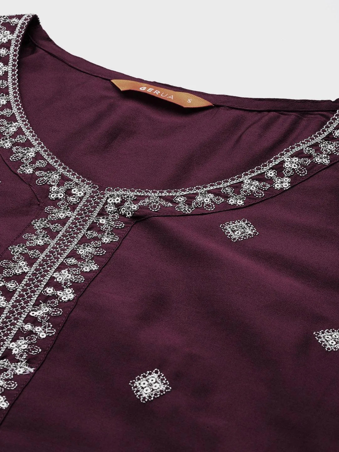 Gerua Burgundy Embroidered Silk Blend Straight Suit With Dupatta