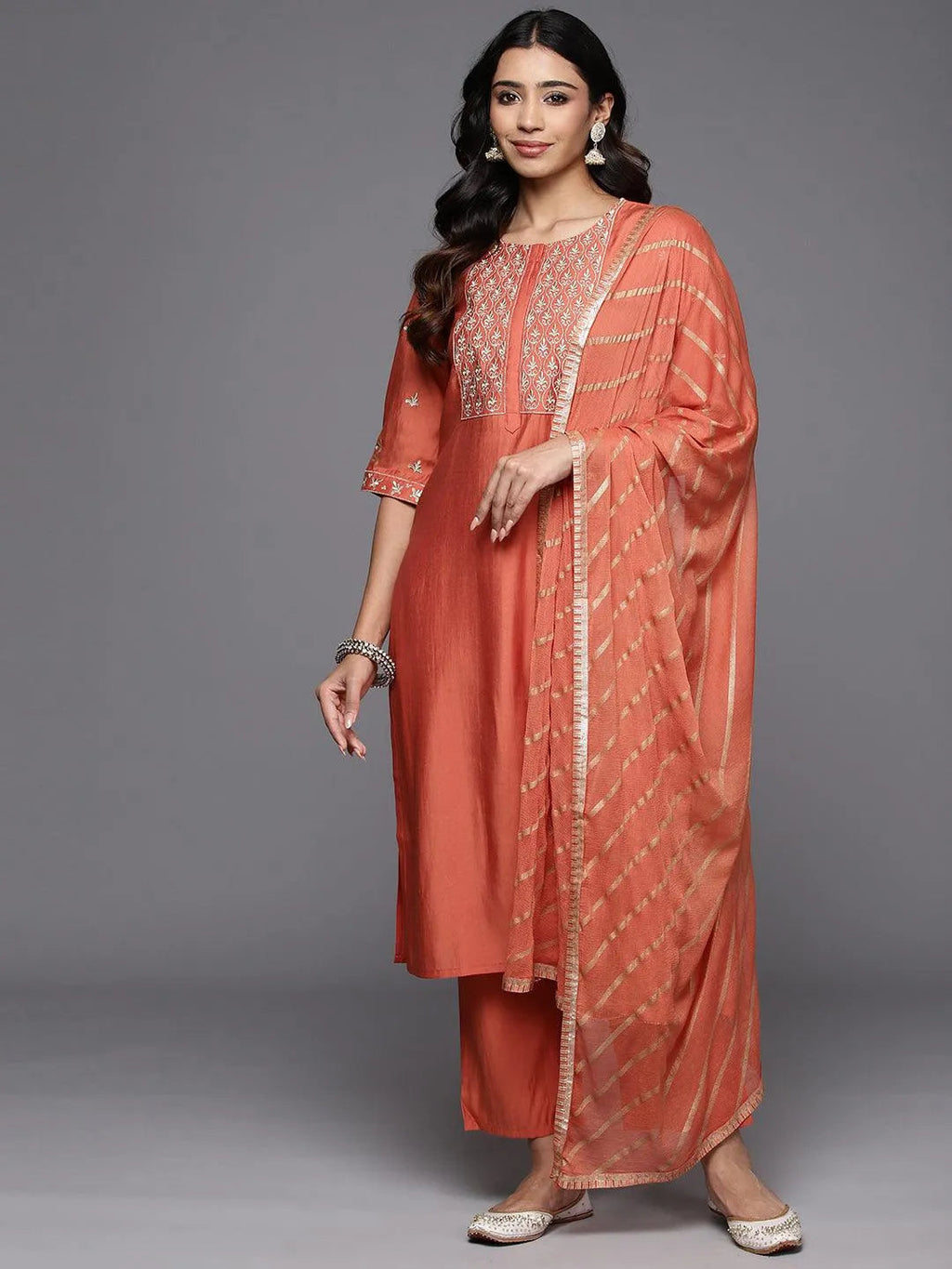 Gerua Coral Solid Silk Blend Straight Suit With Dupatta