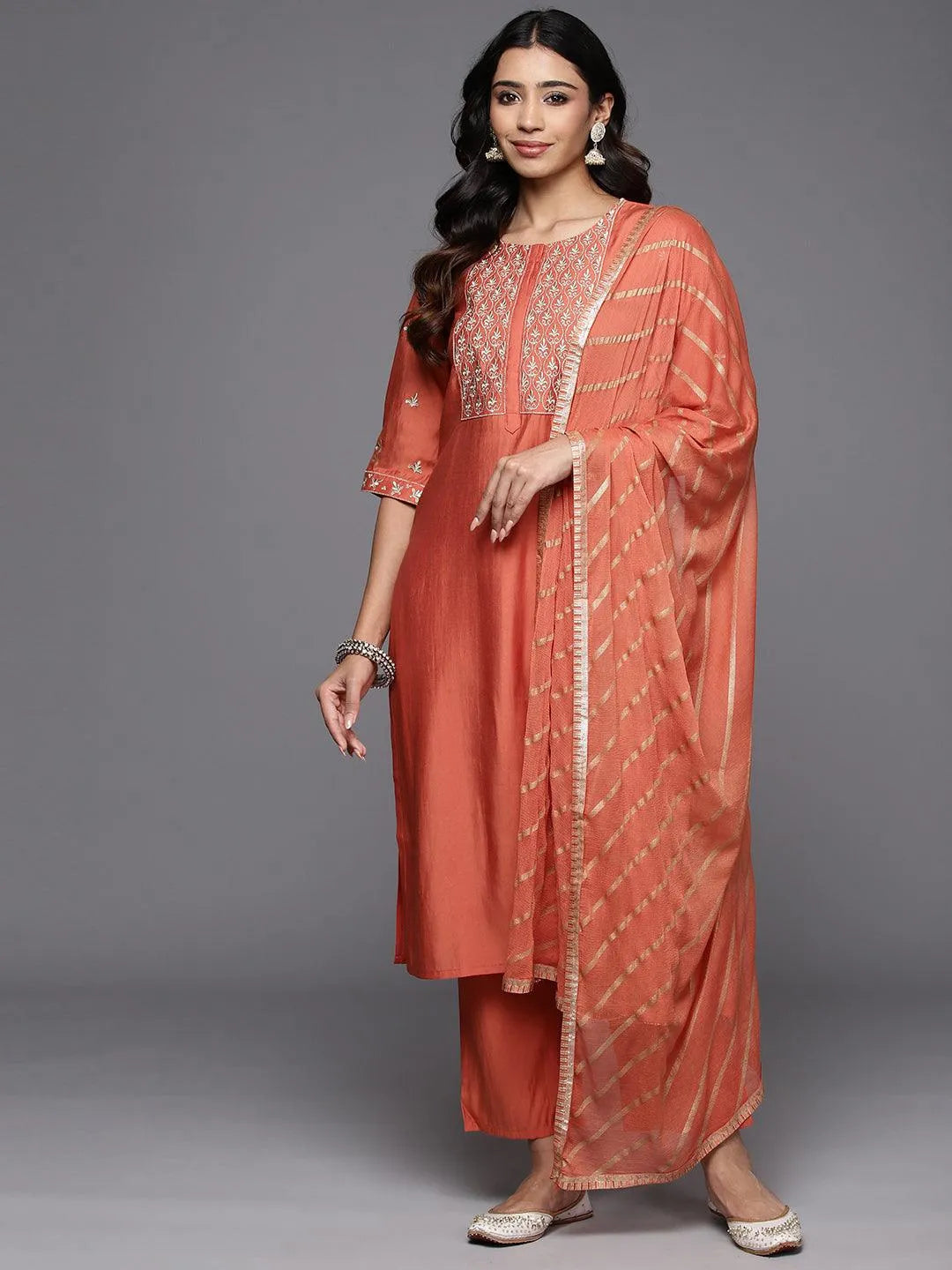 Gerua Coral Solid Silk Blend Straight Suit With Dupatta