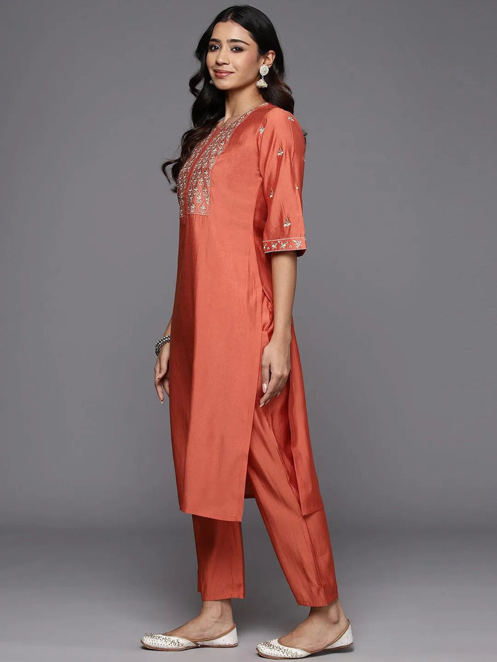Gerua Coral Solid Silk Blend Straight Suit With Dupatta