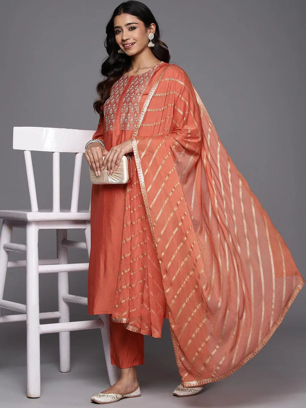 Gerua Coral Solid Silk Blend Straight Suit With Dupatta