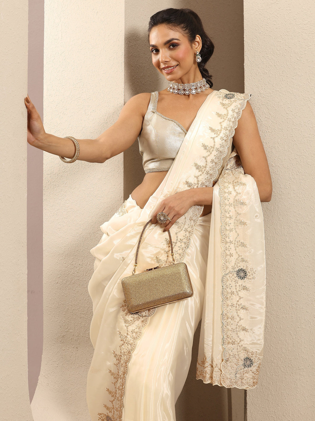 Libas Cream Embroidered Silk Blend Saree With Unstitched Blouse Piece