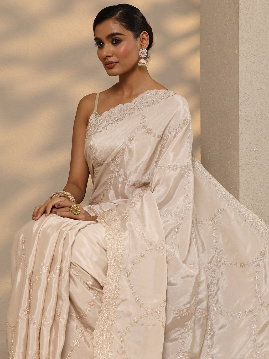 Libas Cream Embroidered Silk Blend Saree With Unstitched Blouse Piece