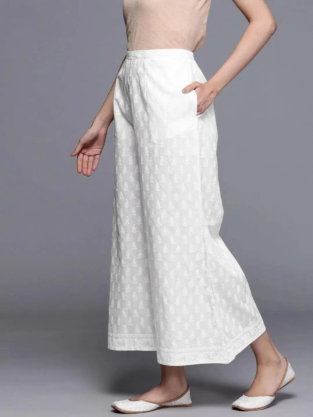 Libas Cream Printed Cotton Palazzos