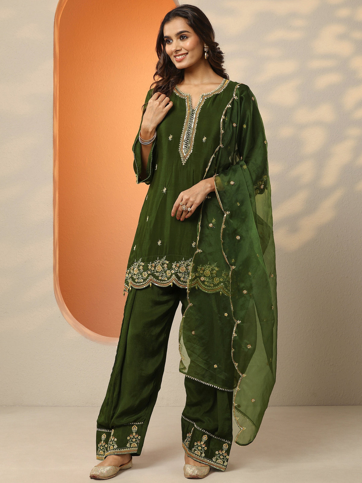Libas Green Embroidered Chinon Straight Suit Set With Dupatta