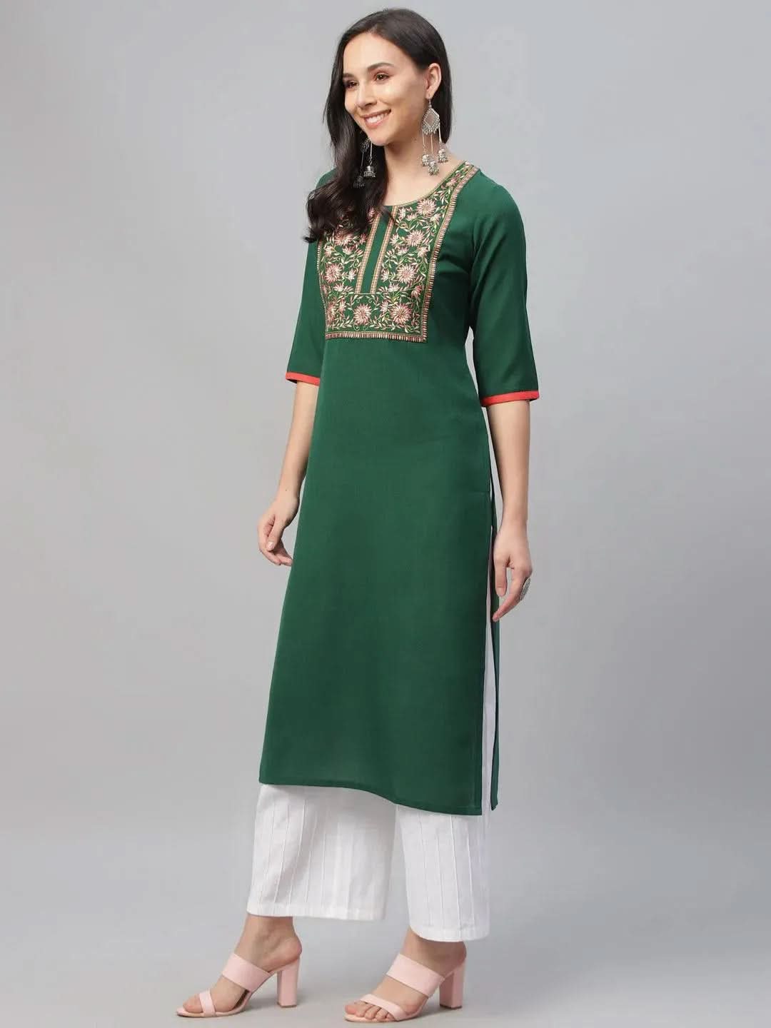 Libas Green Embroidered Cotton Kurta