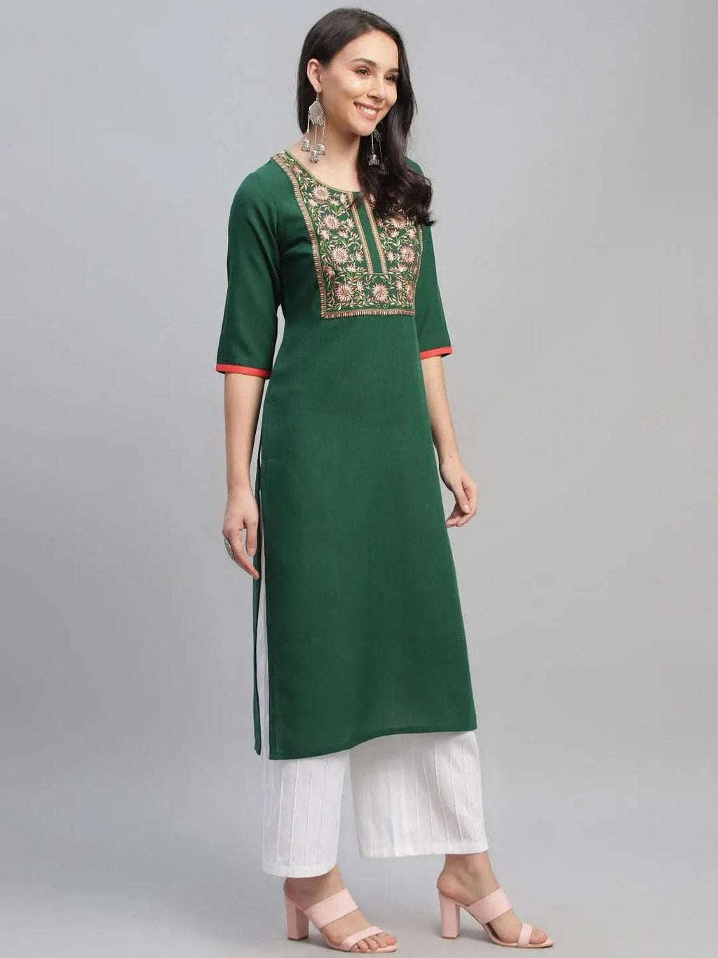Libas Green Embroidered Cotton Kurta