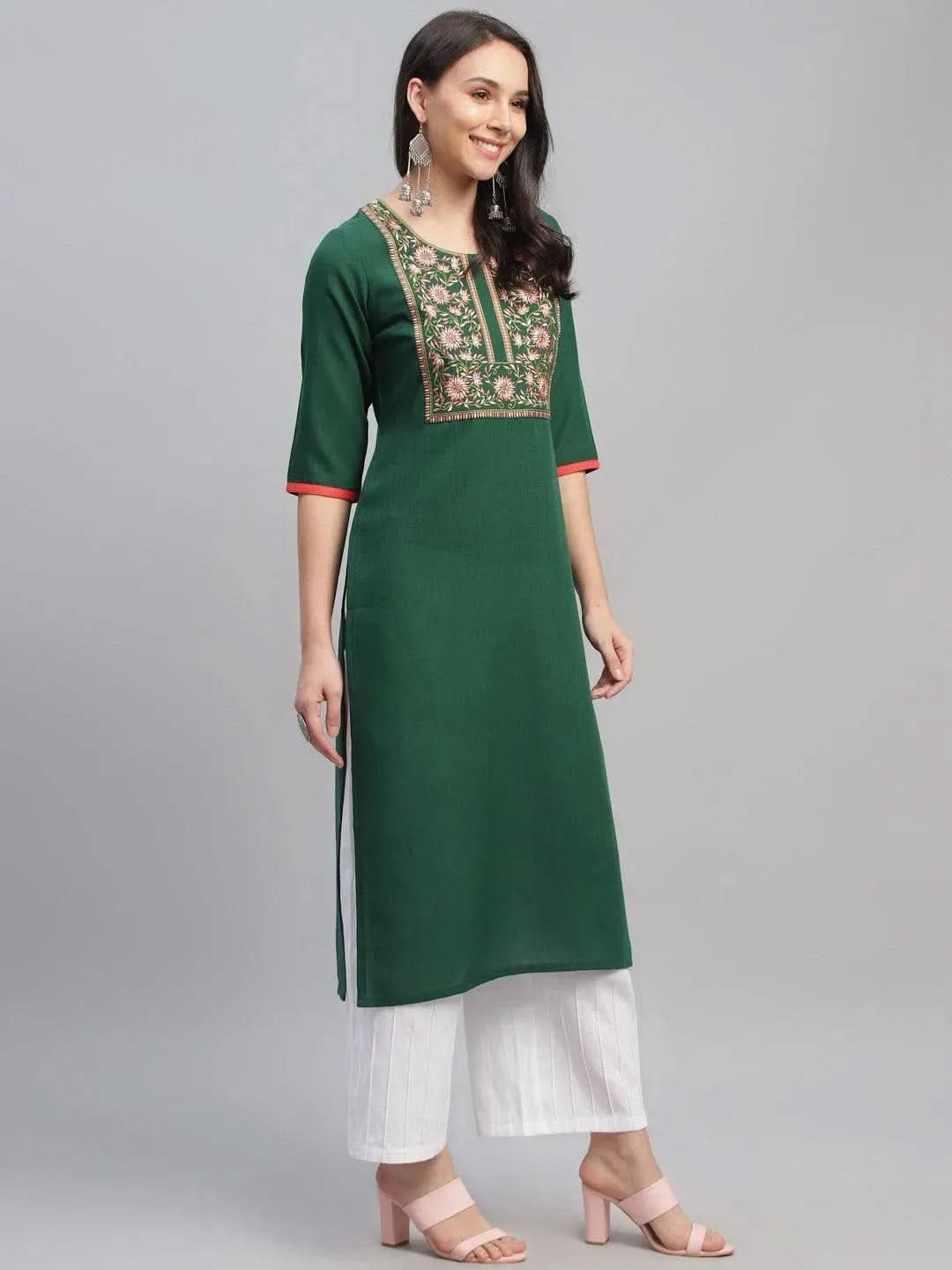 Libas Green Embroidered Cotton Kurta