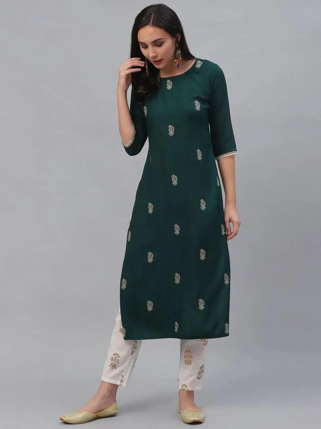 Libas Green Embroidered Rayon Kurta