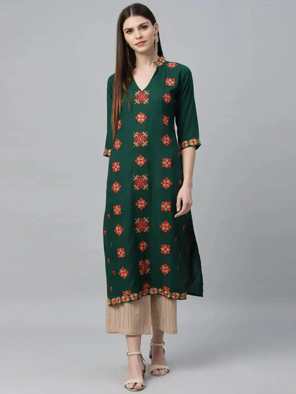 Libas Green Embroidered Rayon Kurta