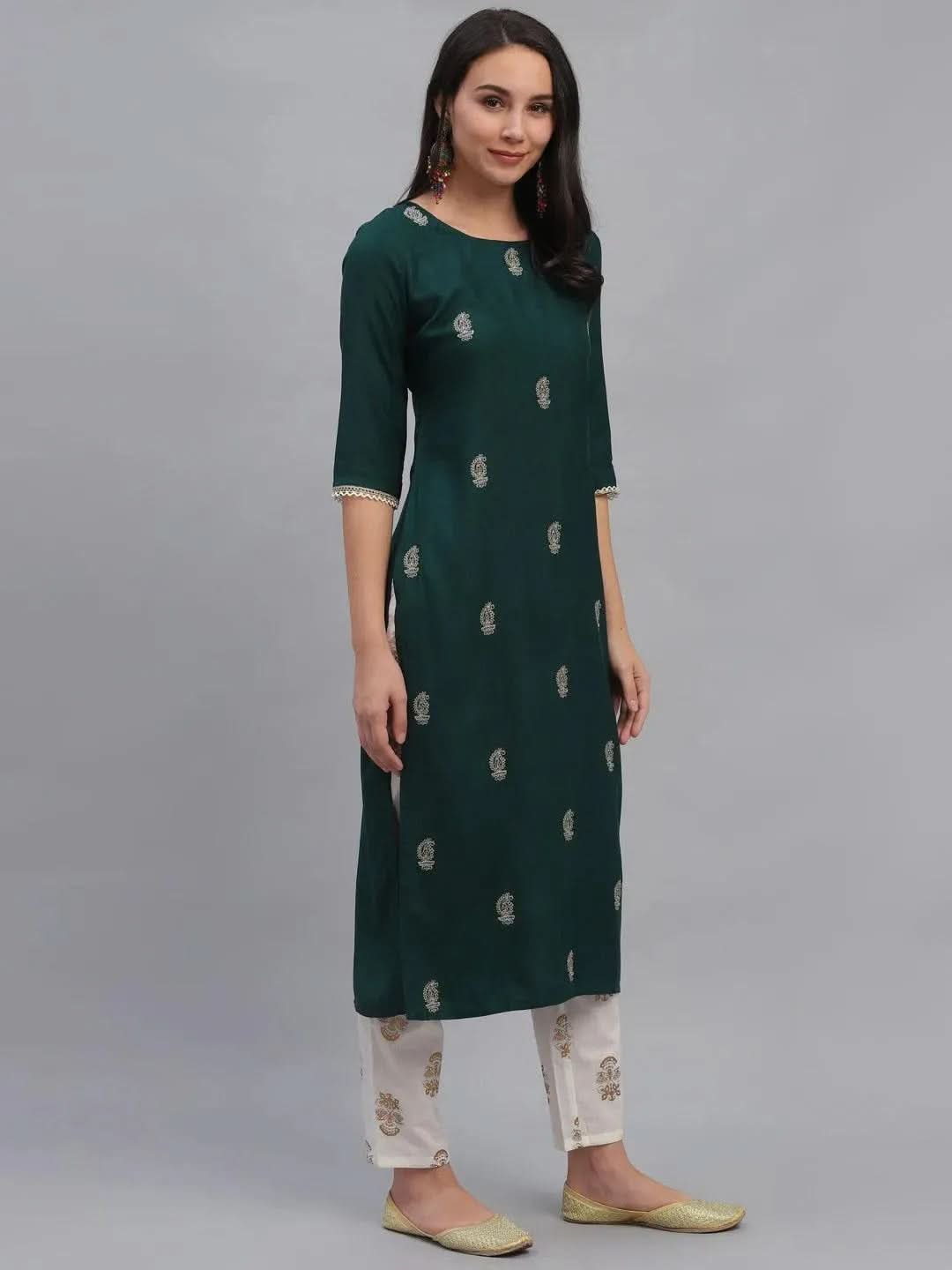 Libas Green Embroidered Rayon Kurta