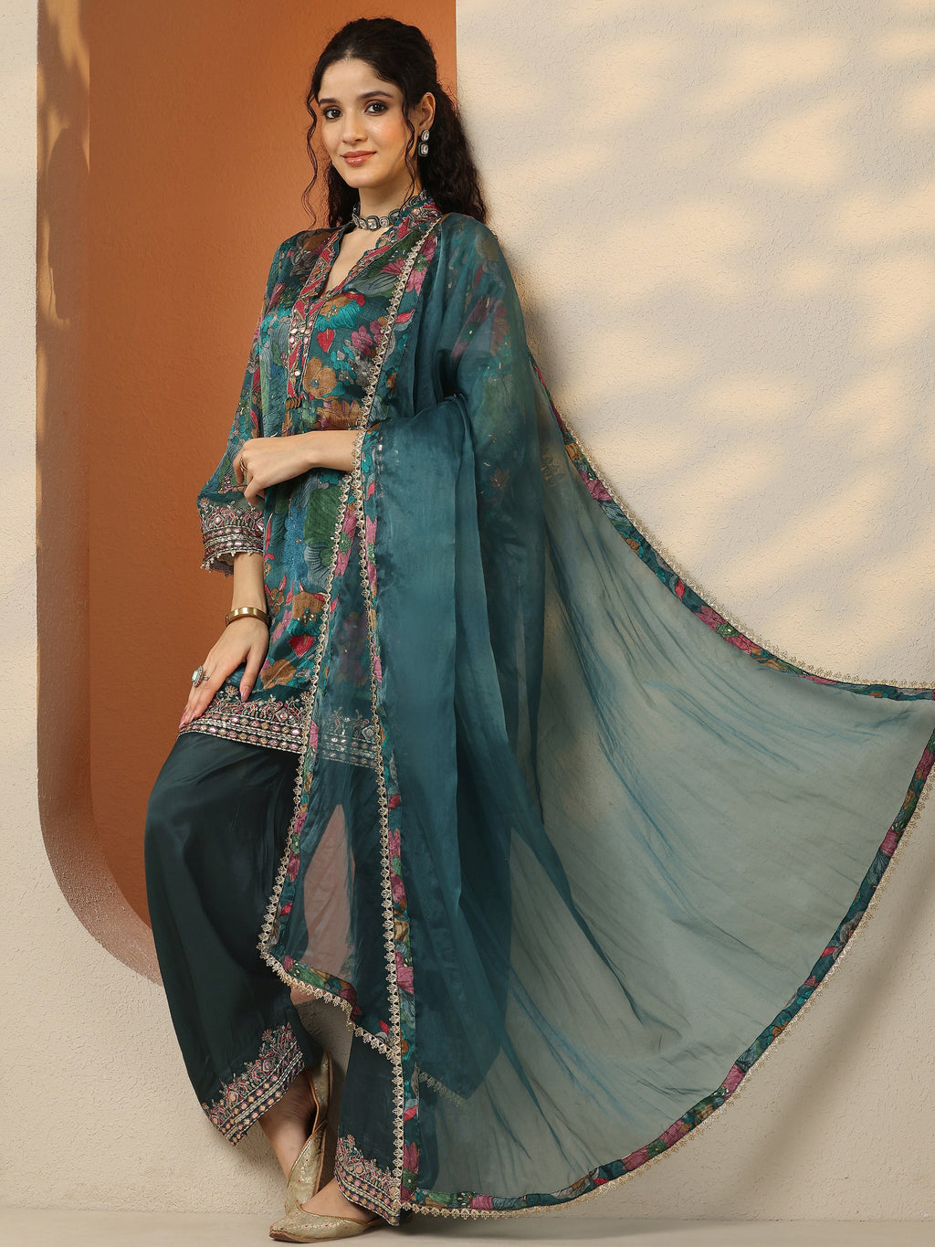 Libas Green Printed Chinon Straight Suit Set With Dupatta
