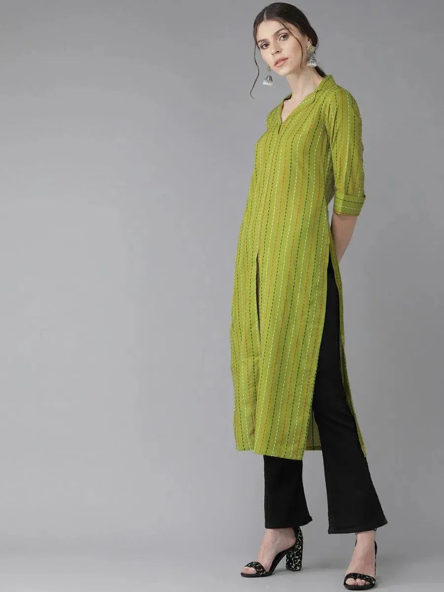 Libas Green Striped Cotton Kurta
