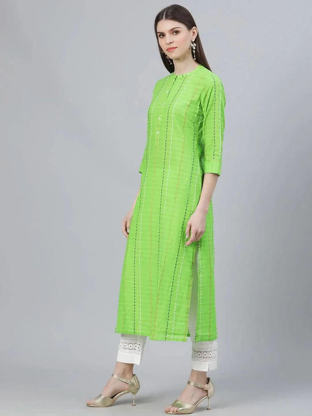 Libas Green Striped Cotton Kurta