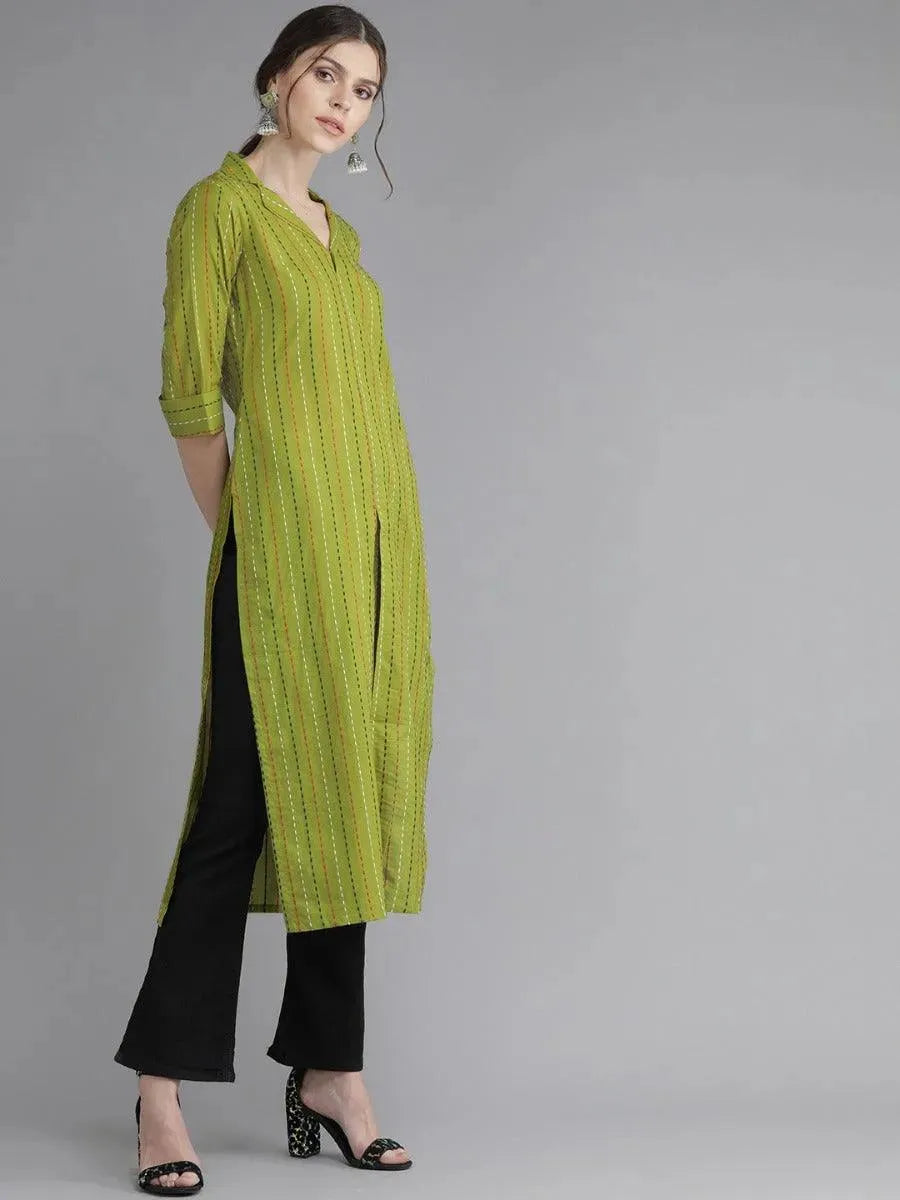 Libas Green Striped Cotton Kurta