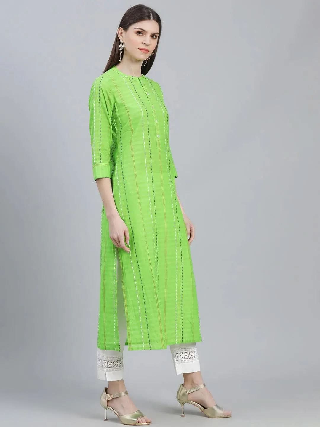 Libas Green Striped Cotton Kurta