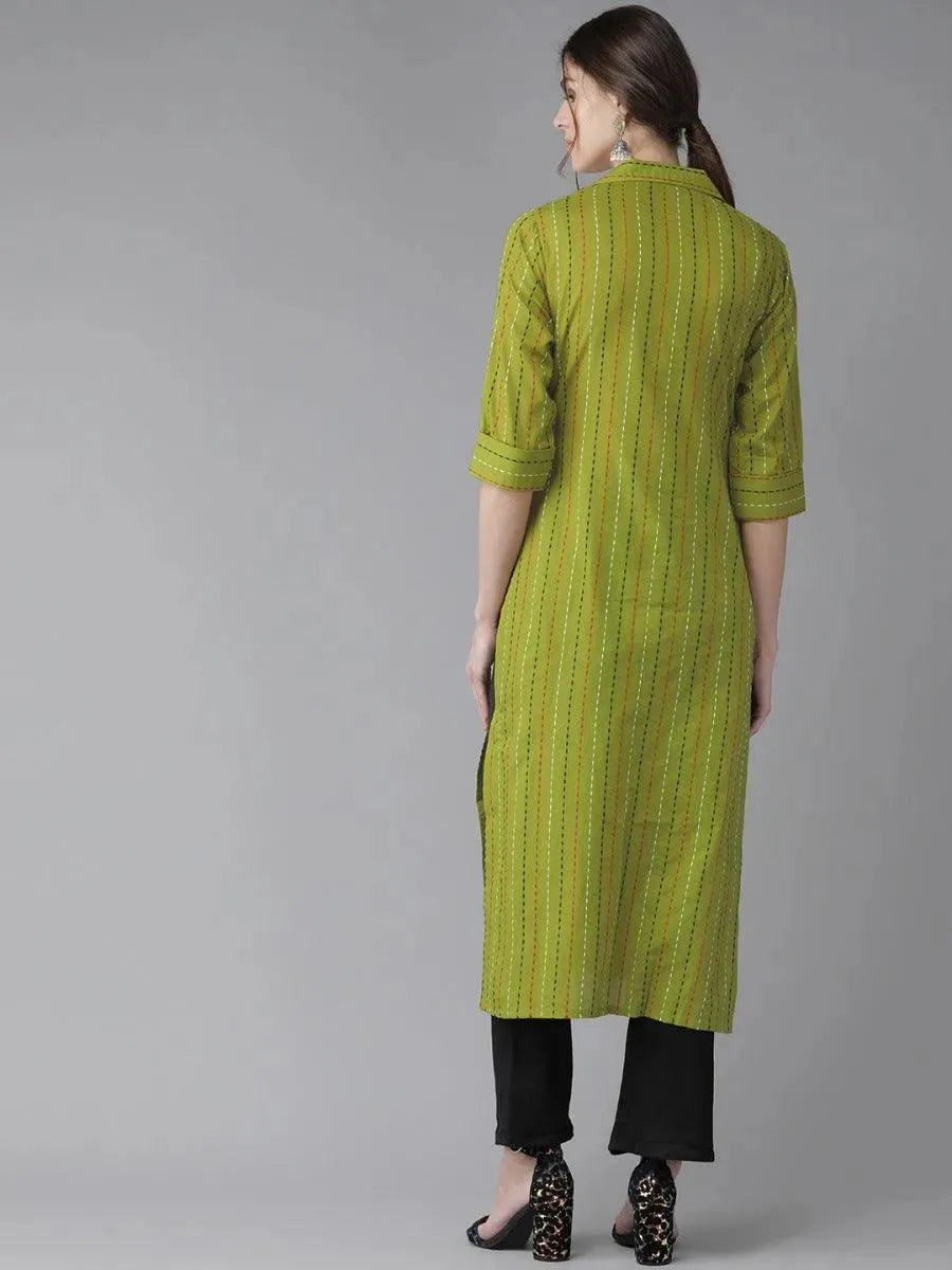 Libas Green Striped Cotton Kurta