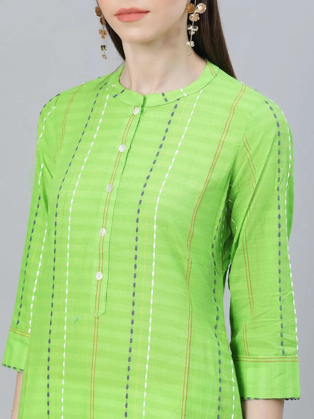 Libas Green Striped Cotton Kurta