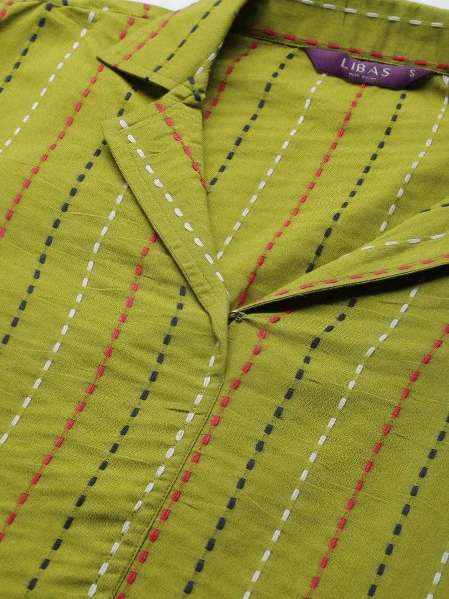 Libas Green Striped Cotton Kurta