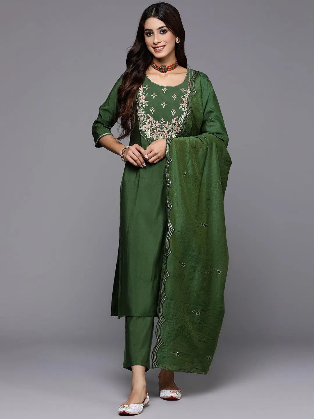 Gerua Green Yoke Design Silk Blend Straight Suit With Dupatta