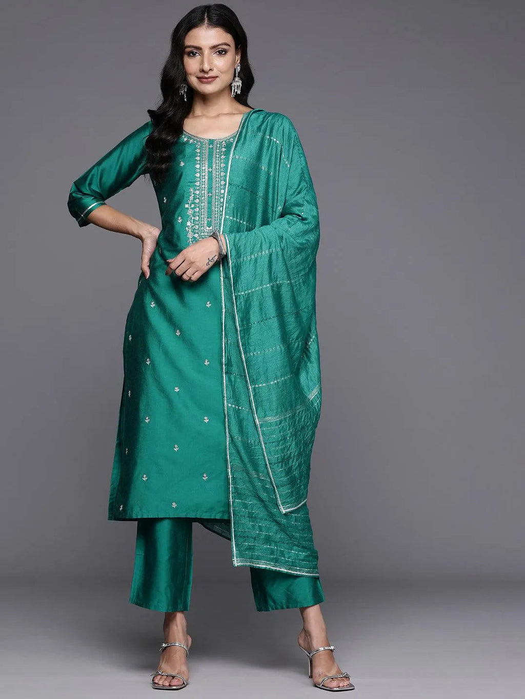 Gerua Green Yoke Design Silk Blend Straight Suit With Dupatta