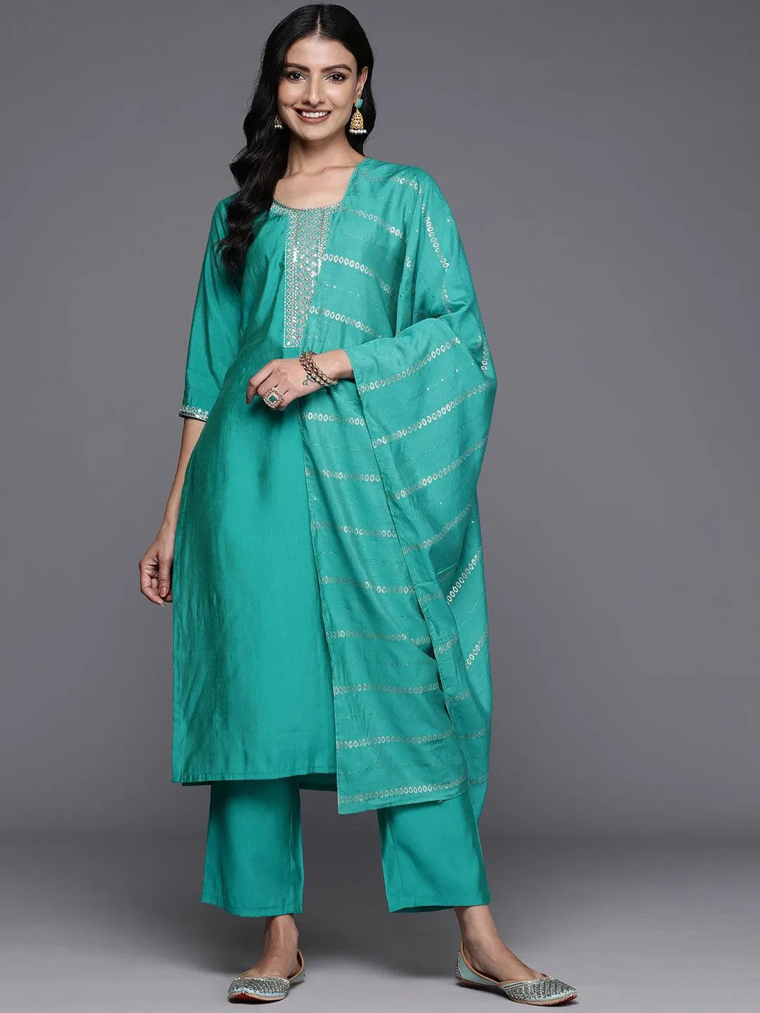 Gerua Green Yoke Design Silk Blend Straight Suit With Dupatta