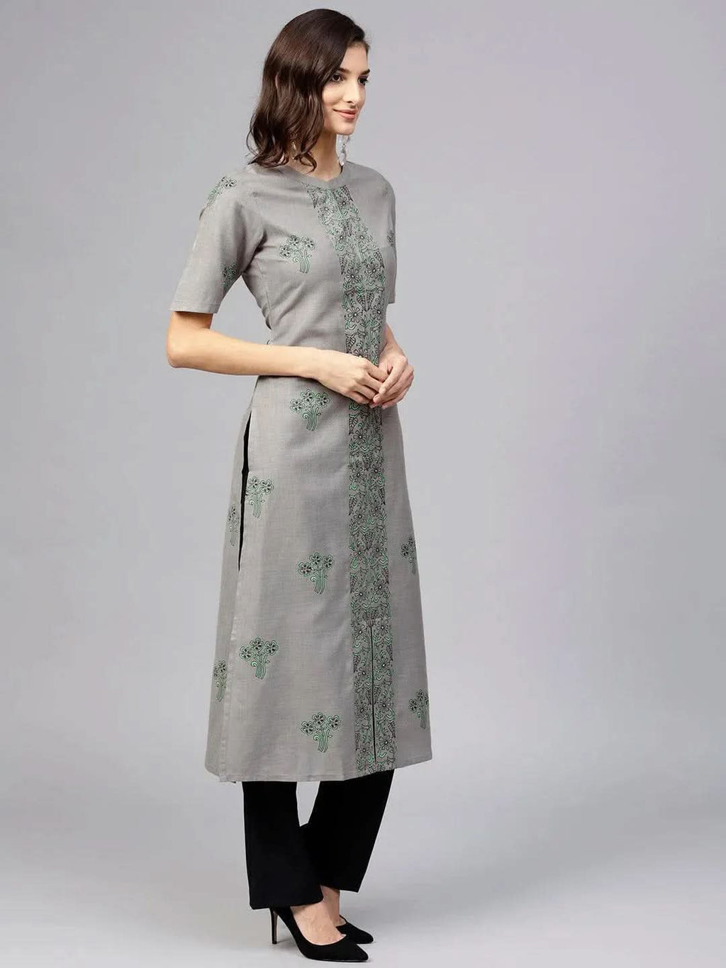Libas Grey Printed Cotton Kurta