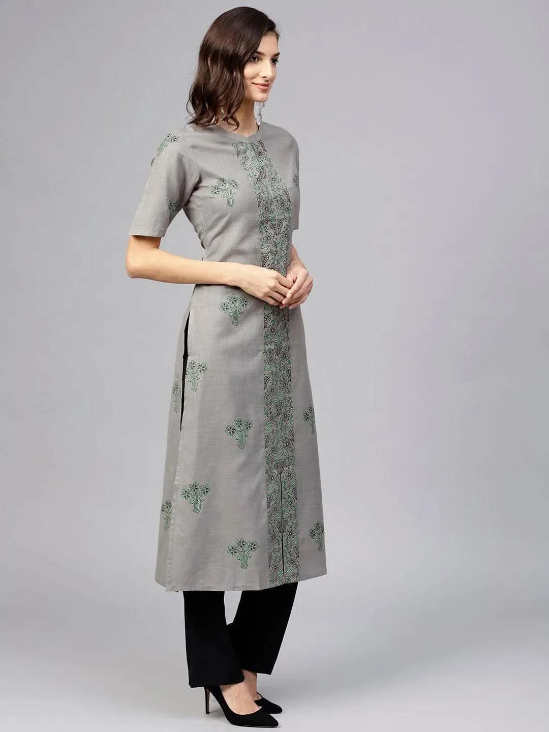 Libas Grey Printed Cotton Kurta