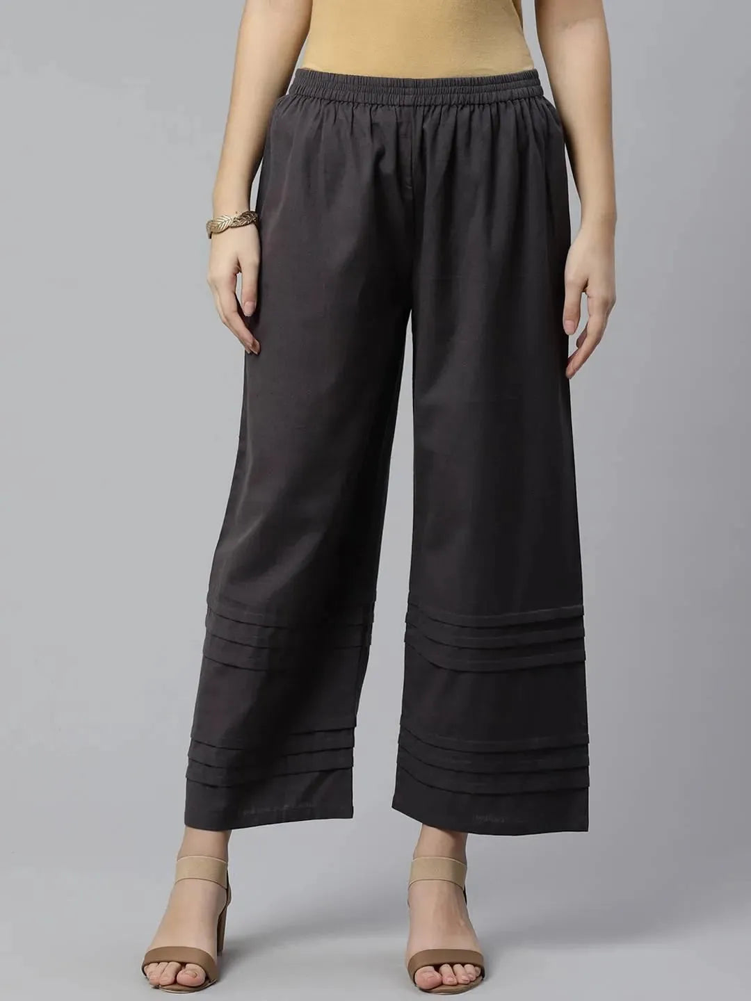 Libas Grey Solid Cotton Palazzos