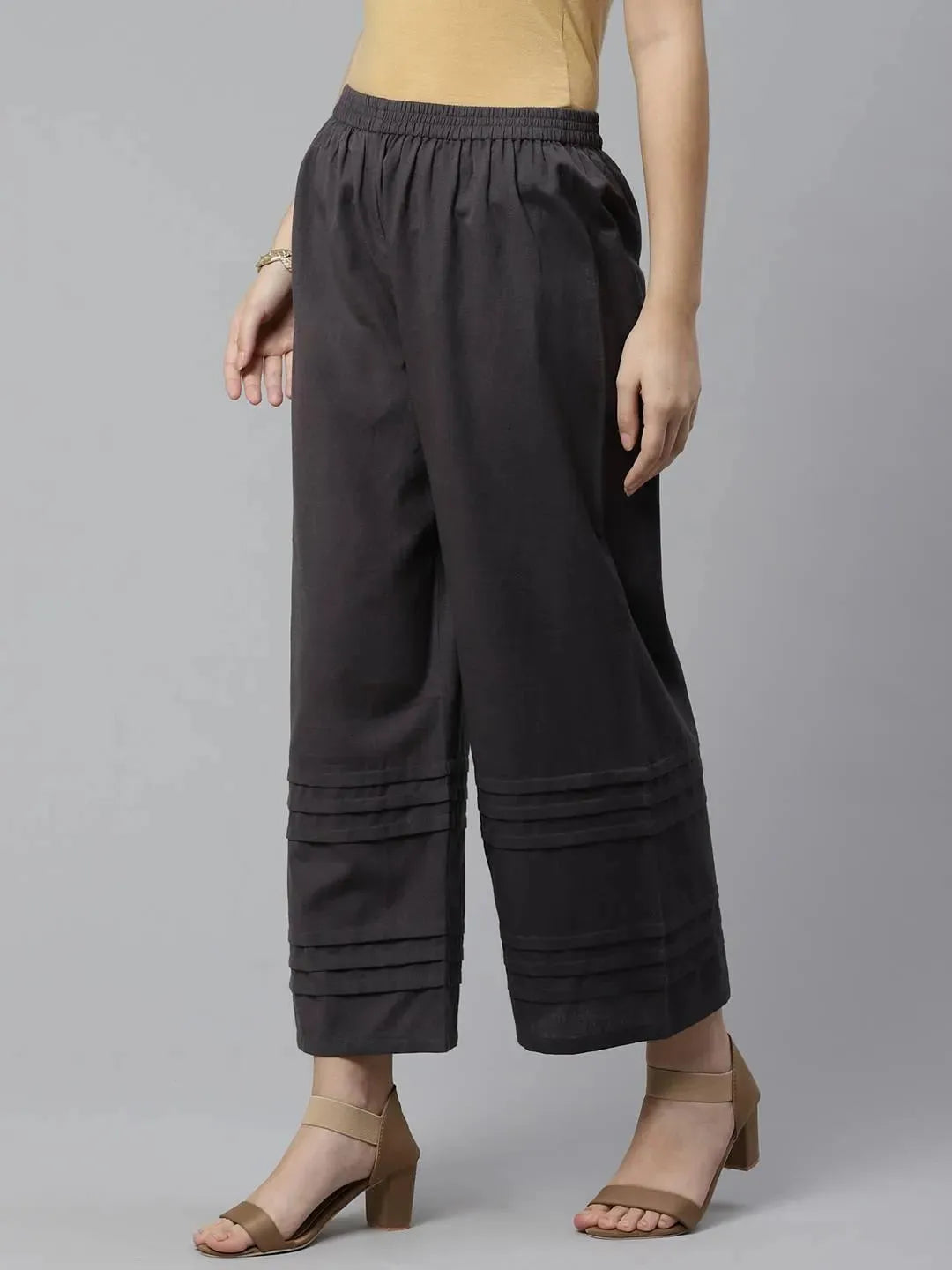 Libas Grey Solid Cotton Palazzos