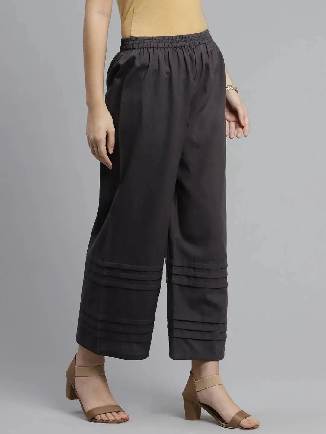 Libas Grey Solid Cotton Palazzos