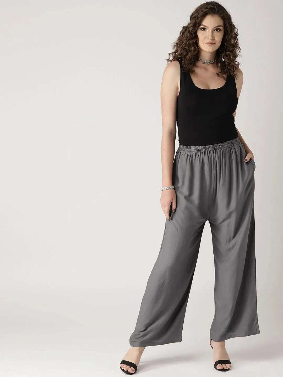 Libas Grey Solid Rayon Palazzos