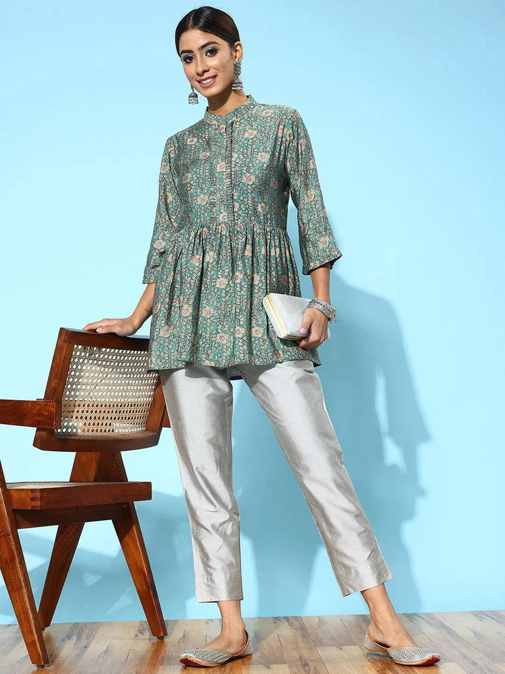 Libas Grey Solid Silk Trousers