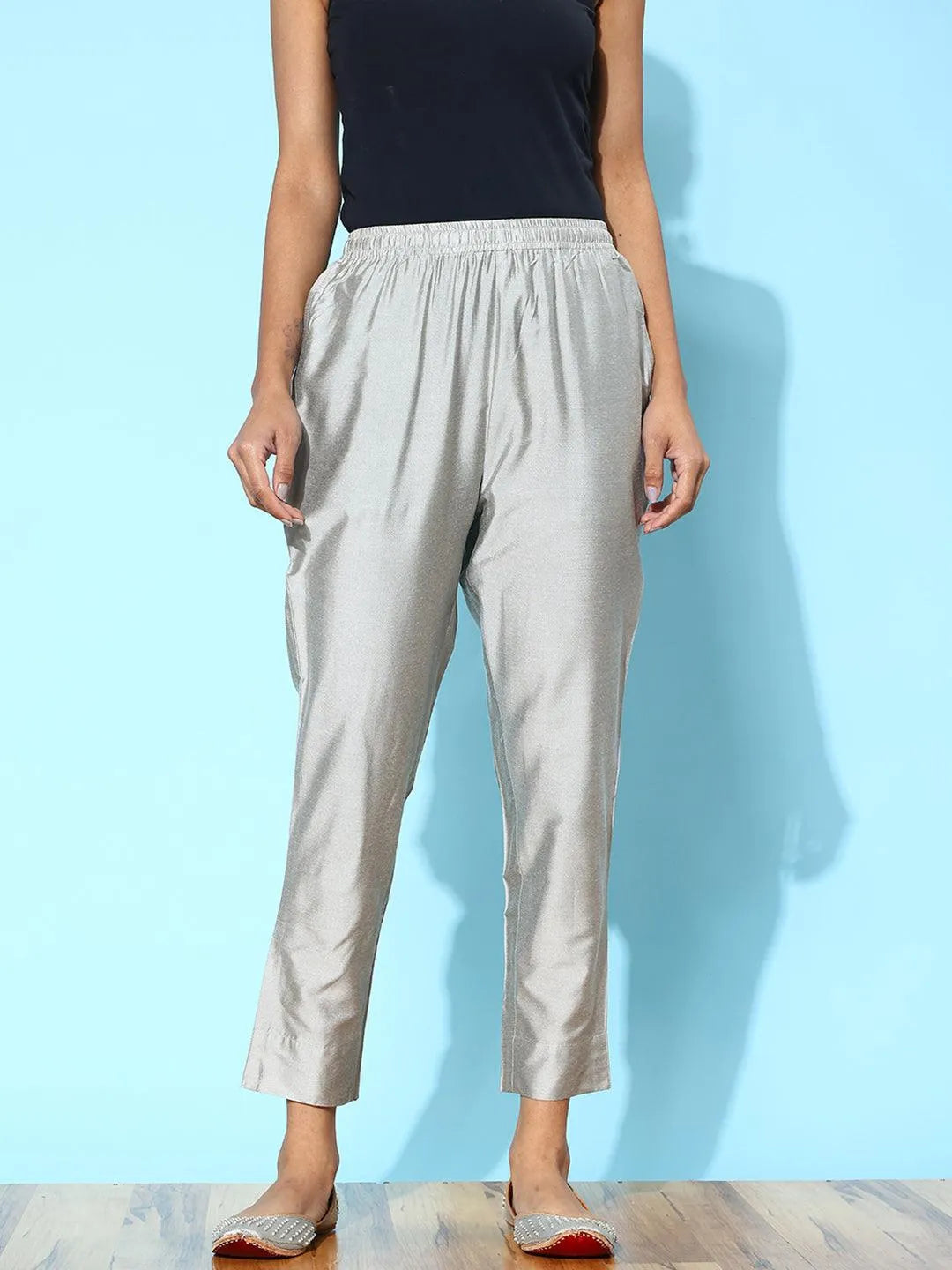Libas Grey Solid Silk Trousers