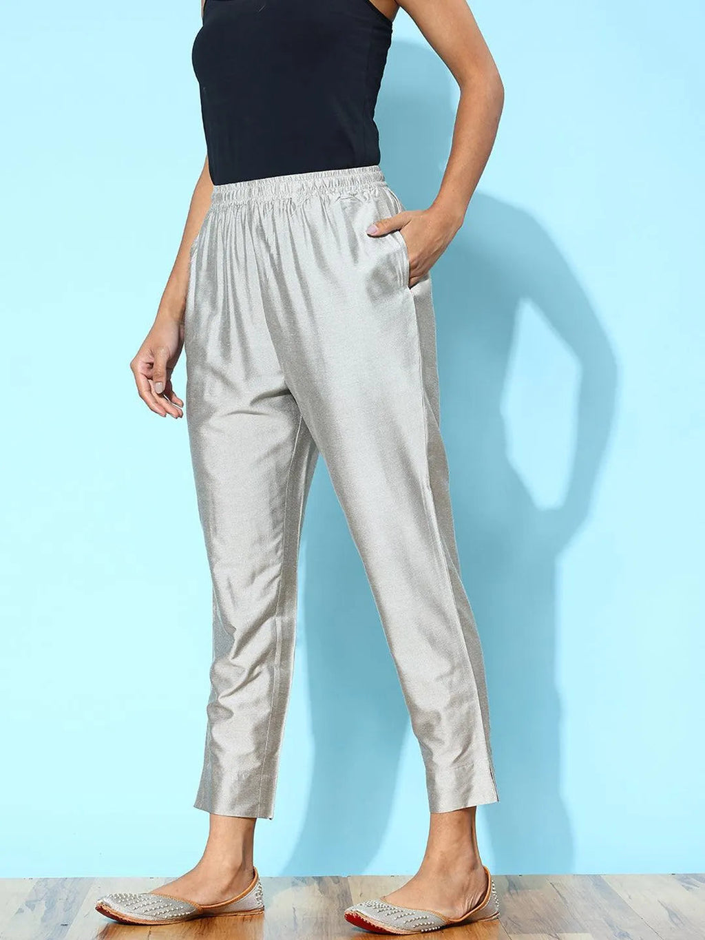 Libas Grey Solid Silk Trousers