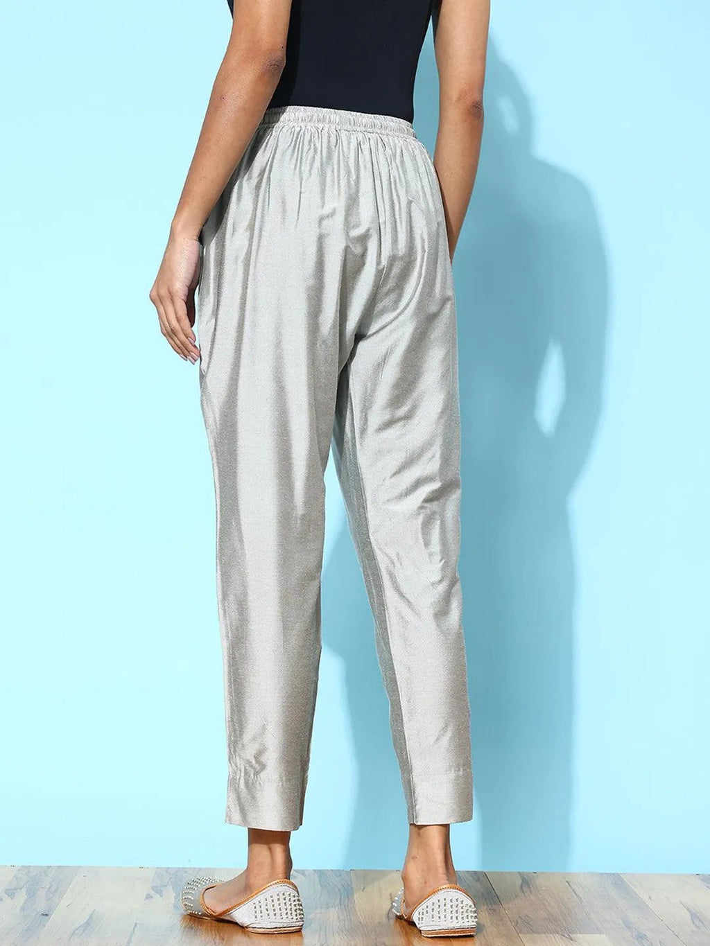 Libas Grey Solid Silk Trousers