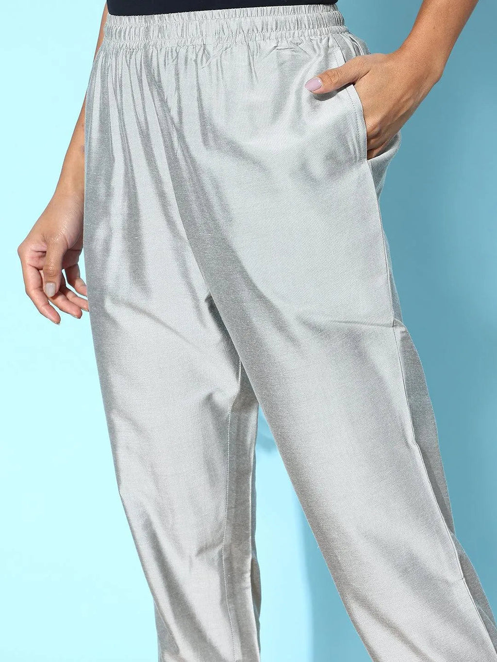 Libas Grey Solid Silk Trousers