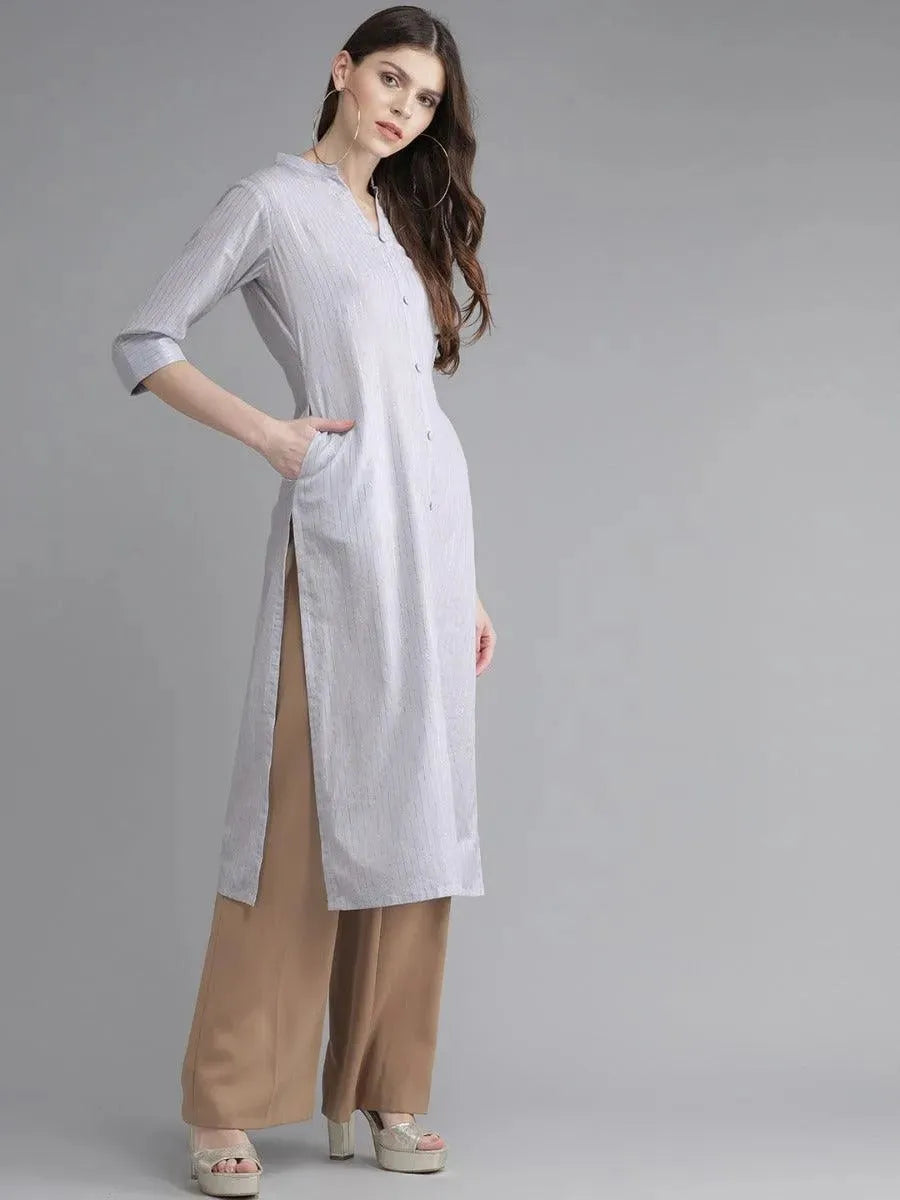 Libas Grey Striped Cotton Kurta