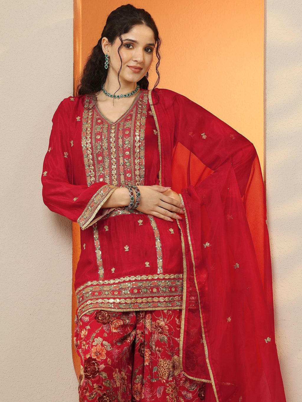 Libas Maroon Embroidered Chinon Straight Suit Set With Dupatta