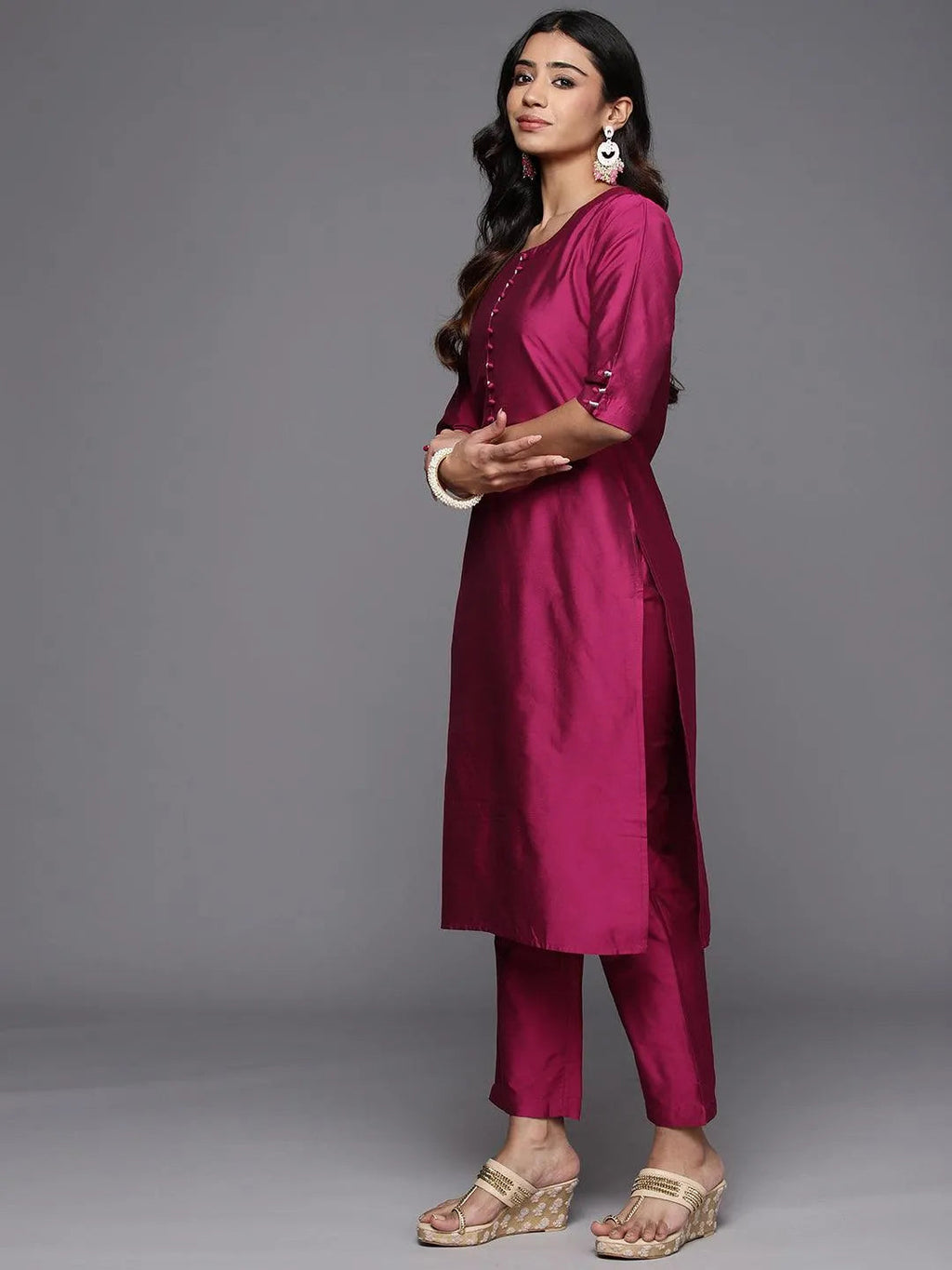 Gerua Magenta Solid Silk Blend Straight Suit With Dupatta